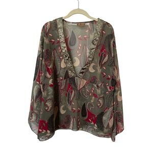 Y2K Melon Women Sheer Paisley V-Neck Blouse Green Burgundy Bell Sleeve Size 16
